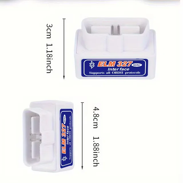 Adaptador OBD2 ELM327 blanco: mide 4.8 cm de largo y 3 cm de alto